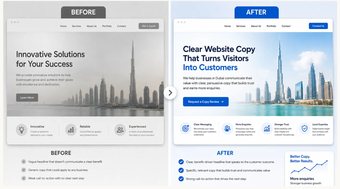 Comparison of generic website content and professional conversion-focused copywriting.