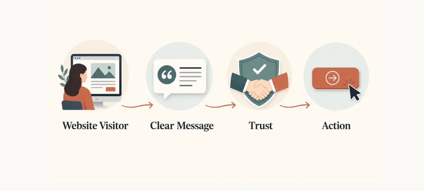 Customer journey from clear website messaging to trust and conversion.