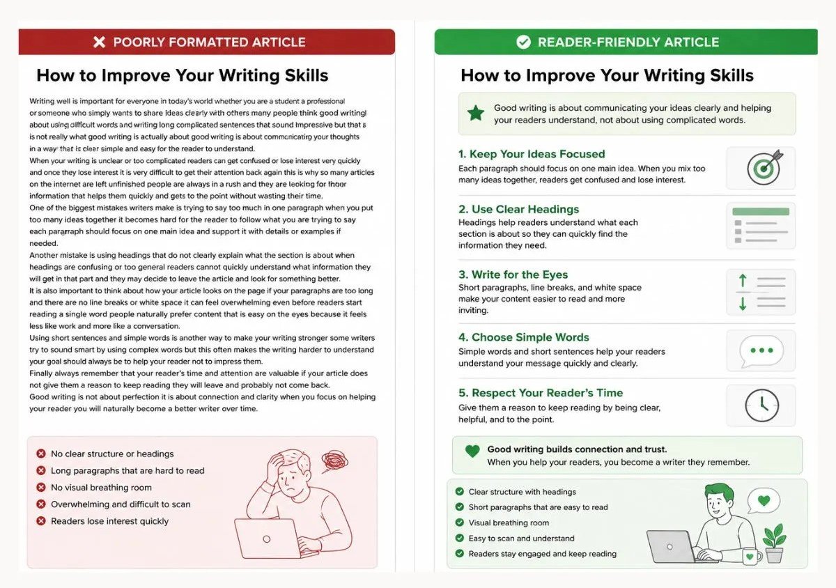 Comparison of poor article formatting versus reader-friendly content.