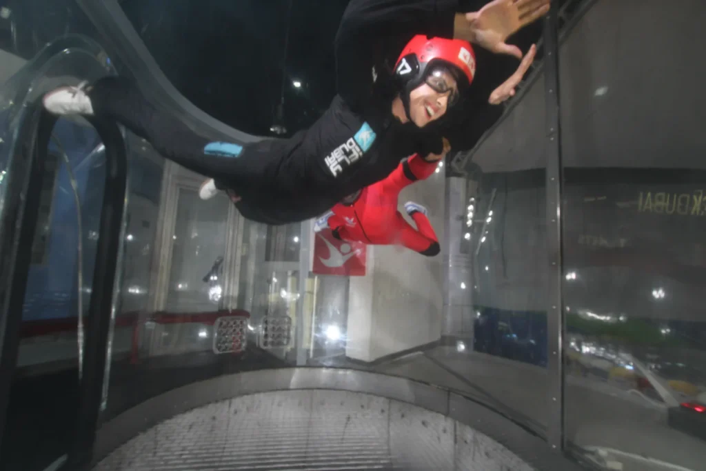Suman Shafi experiencing indoor skydiving at iFLY Dubai