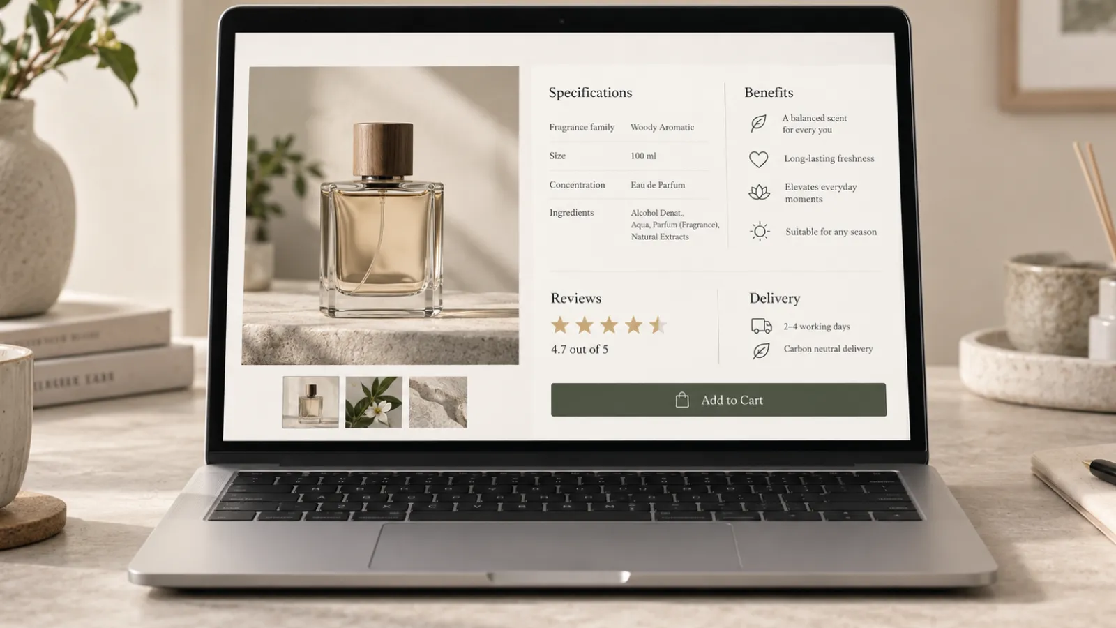 Product detail pages combining features, benefits, reviews and purchase information