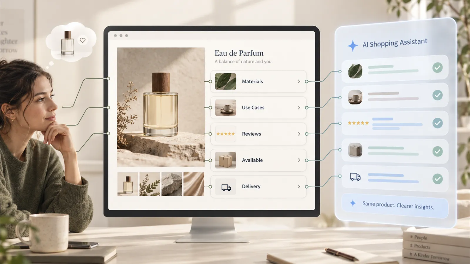 AI shopping assistant and customer evaluating information from a product detail page