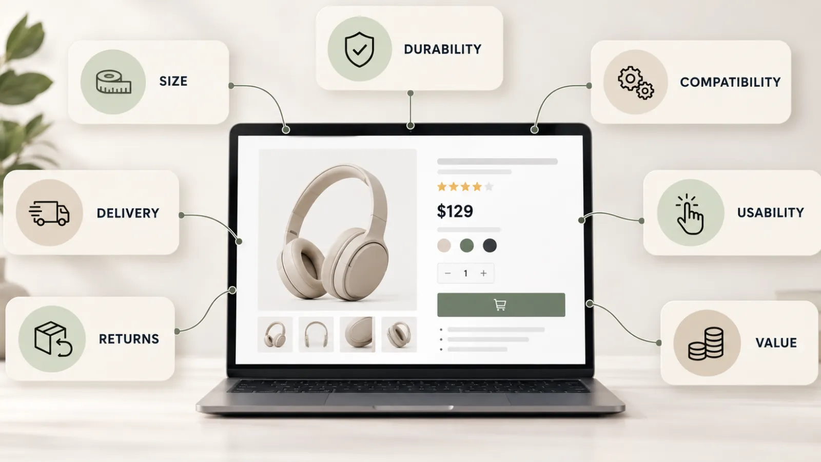 Product page addressing customer pain points around size, durability, compatibility, delivery, returns, usability and value.