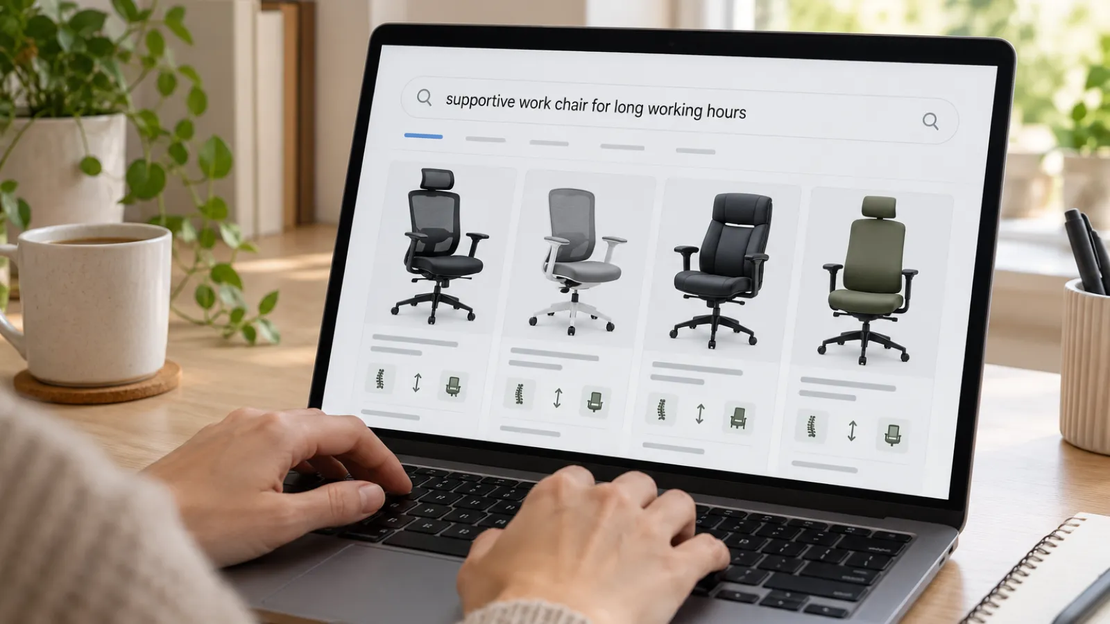 Shopper searching online for a supportive work chair for long working hours.