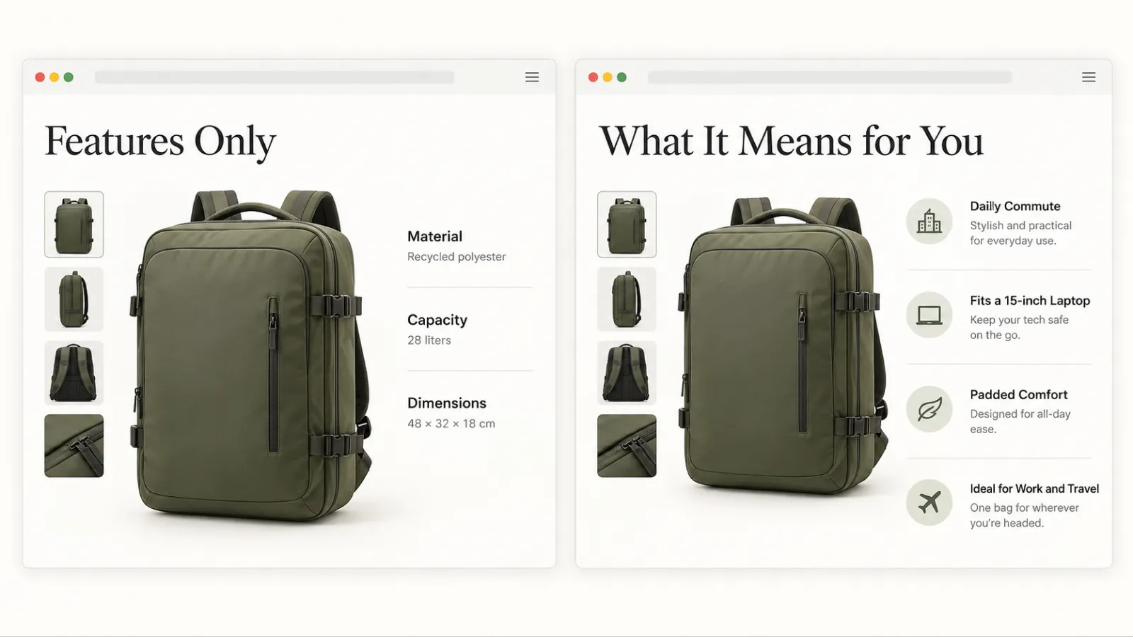 Feature-only product description compared with customer-focused product page content