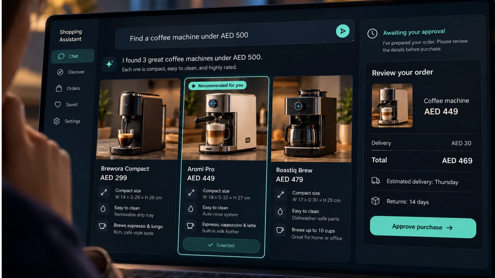 Shopper using an AI assistant to compare coffee machines and review purchase details