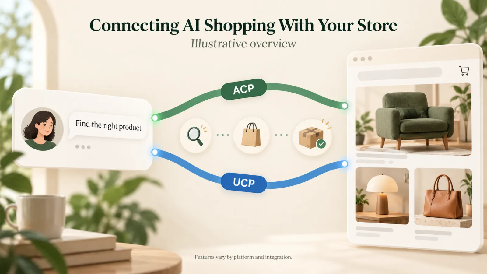 ACP and UCP connecting an AI shopping request with a merchant’s products and services.
