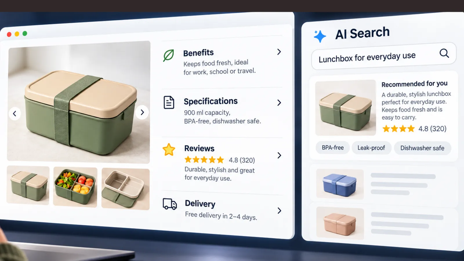 PDP optimization example showing a lunchbox product page with benefits, specifications, reviews and delivery details beside an AI search panel.