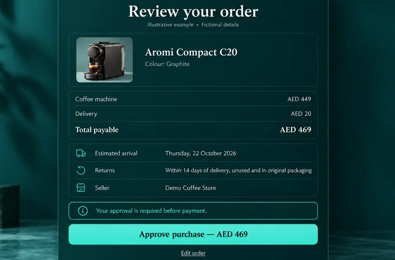Order review showing product choice, total cost, delivery estimate, and customer approval 